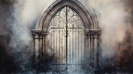 Gothic crypt door, heavy iron, obscured by mist, Watercolor style