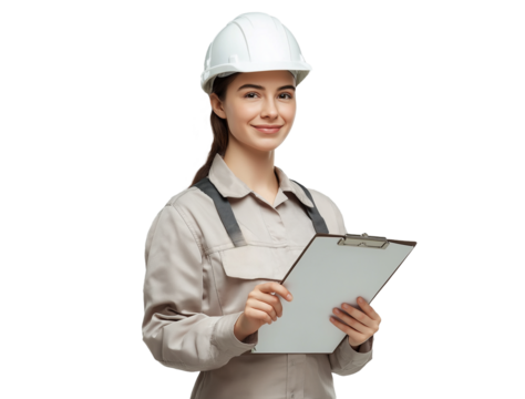 professional woman technician holding clipboard in uniform, smiling and isolated