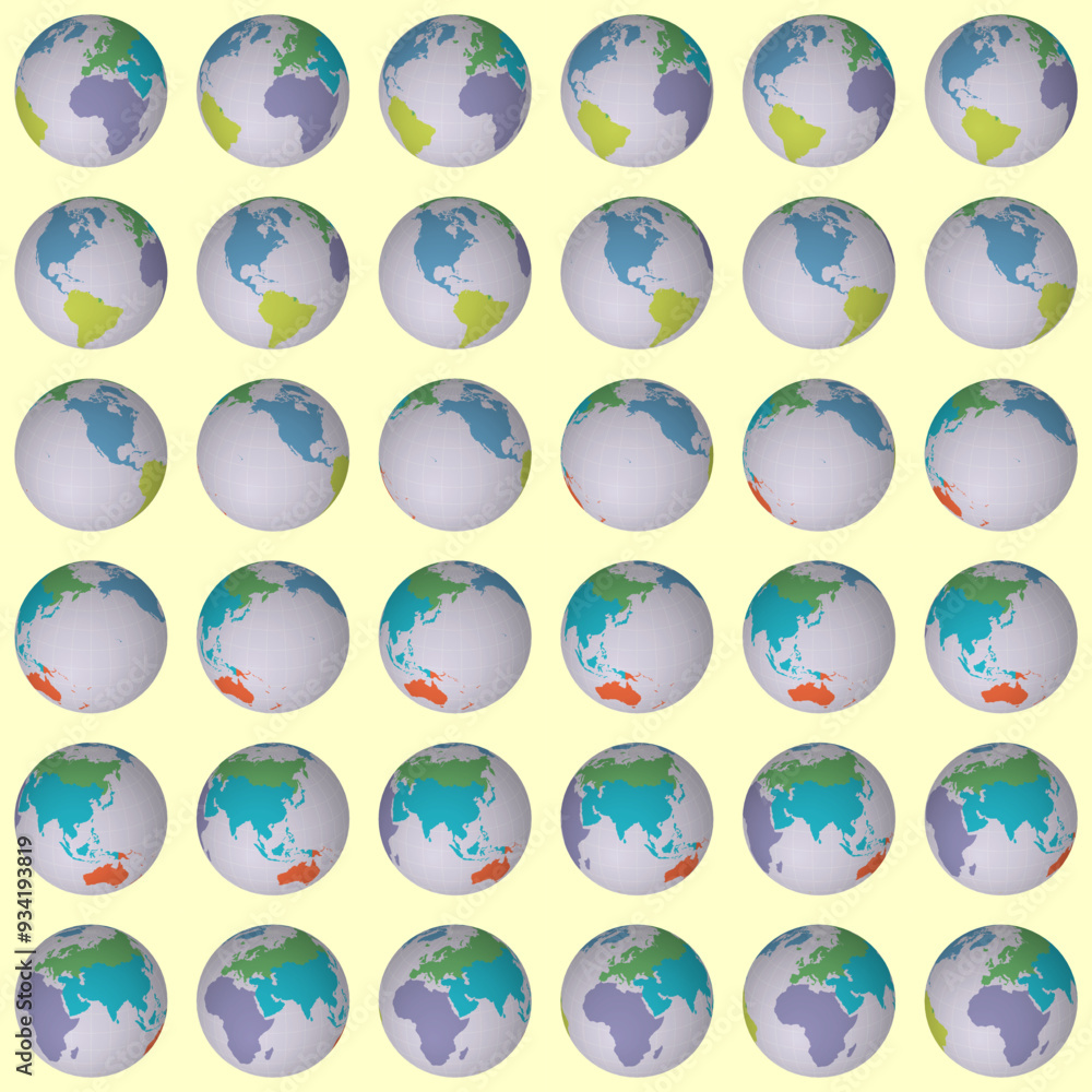 Poster collection of earth globes. slanted sphere view. rotation step 10 degrees. colored continents style.