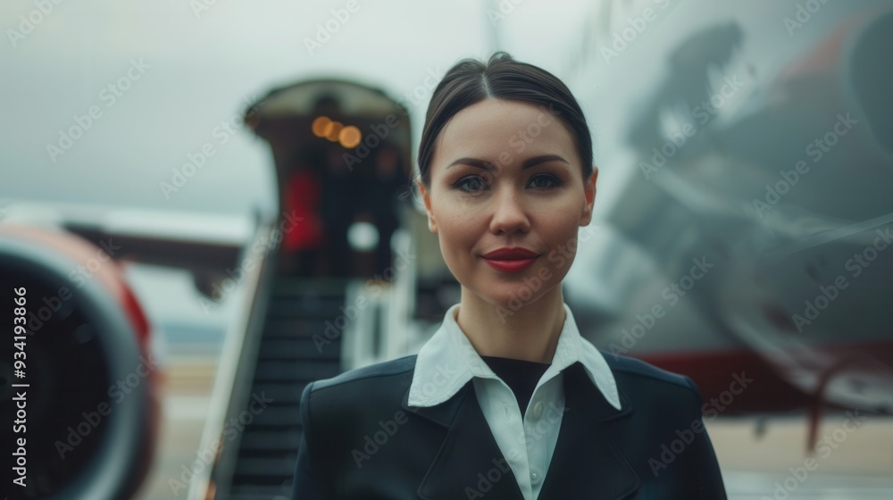 Aufkleber a flight attendant stands at the airplane steps, welcoming passengers aboard with a warm smile as th