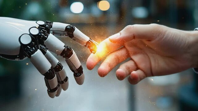 Robot and human hand touching creating spark of connection
