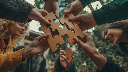 People collaborating to assemble a large puzzle in a natural outdoor setting during the daytime
