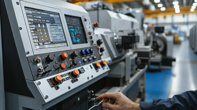 Factory worker programming cnc machine on control panel in metal industry