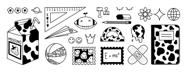 Back to School Y2K vector collection. Vintage 2000s doodle elements for sticker pack. Hand Drawn pencil, eraser, American football, basketball, strawberry milk, ruler, notebook, globe