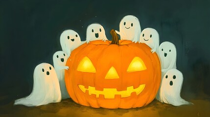 Charming Hand Drawn Ghosts Gathered Around Oversized Jack O  Lantern for Spooky Halloween