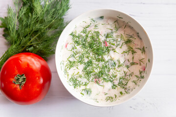 okroshka, cold vegetable soup close up