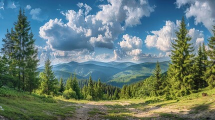 Magnificent panoramic view the coniferous forest on the mighty Carpathians Mountains and beautiful blue sky background. Beauty of wild virgin Ukrainian nature. Peacefulness , ai