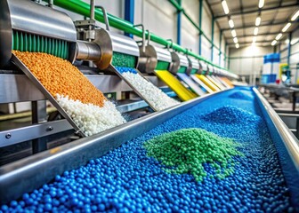 Pellets of plastic materials are manufactured through a petrochemical process at a factory, showcasing the compound beads production from raw polymer pellets.