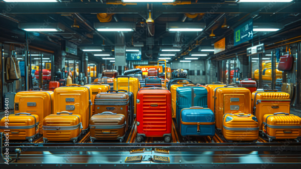 Poster paint a scene of a diverse array of luggage passing through the conveyor belt, showcasing different 