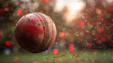 A cricket ball is captured mid air, surrounded by colorful bokeh lights, evoking sense of excitement and motion.