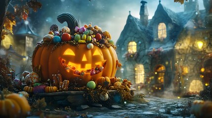 Obraz premium Enchanting Halloween Pumpkin Cornucopia Bursting with Colorful Tempting Treats in Charming