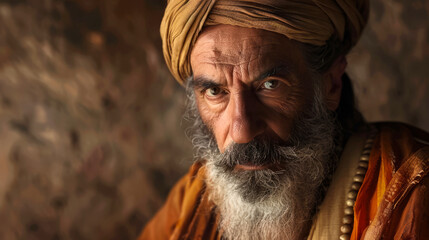 Fototapeta premium close up portrait, An old man with long beard wearing an ancient robe and turban,