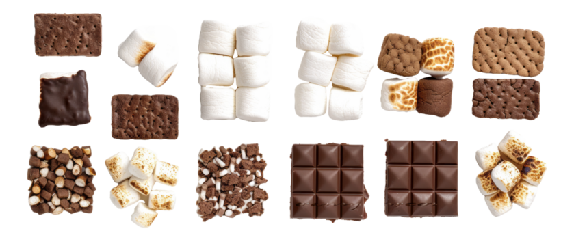 Set of isolated marshmallows, s'mores, toasted treats, cookies, waffles and chocolates on transparent background. cut flower elements, garden themed designs. Top view high quality PNG." design element