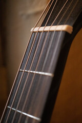 Close up acoustic guitar strings