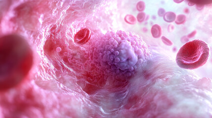 Obraz premium Cellular structures in vibrant, abstract representation, showcasing red blood cells and central mass, evoking sense of life and movement.