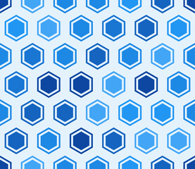 Abstract background with geometric mosaic shapes. Hexagon bold mosaic cell with padding and inner solid cells. Blue color tones. Large hexagon shapes. Seamless pattern. Tileable vector illustration.