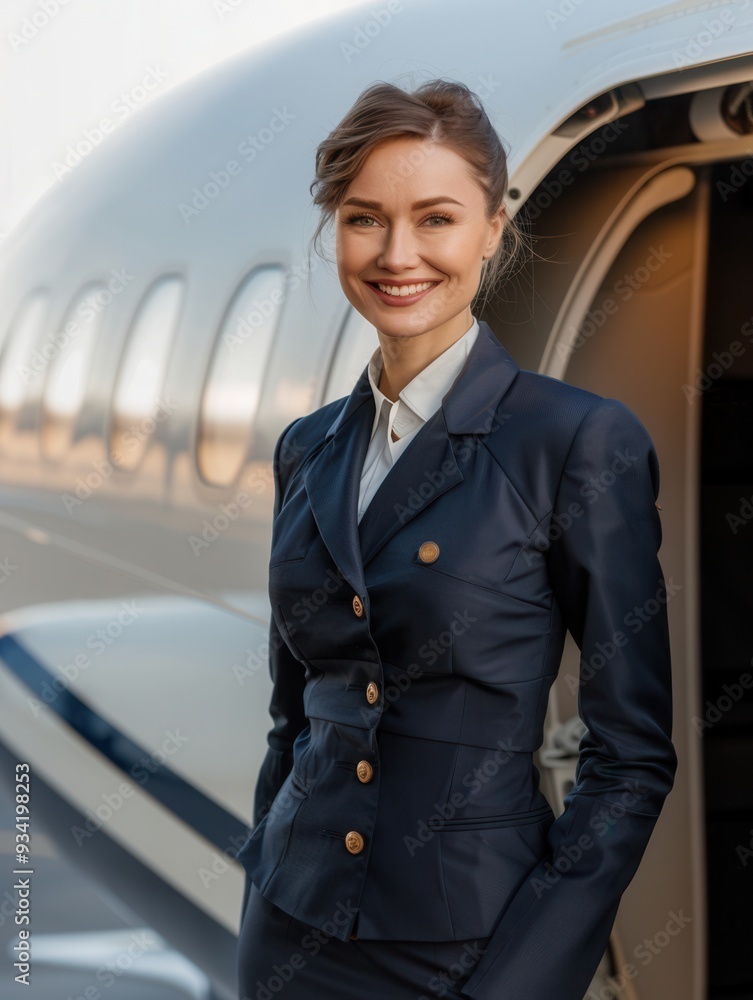 Poster a flight attendant greets passengers with a warm smile at the airplane entrance under clear skies, p