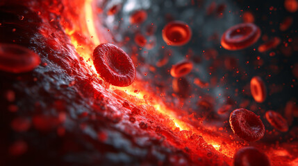 Red blood cells flow through vibrant, dynamic environment, showcasing intricate beauty of human biology. image evokes sense of movement and vitality.