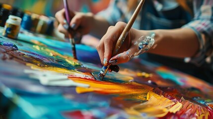 Obraz premium An artist creating a vibrant abstract painting in a colorful studio
