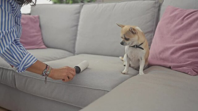A woman cleans her couch with a lint roller while her chihuahua dog watches attentively in a cozy living room setting.