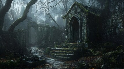 Haunting Halloween landscape with secluded moss covered tomb in dimly lit forest with sinister