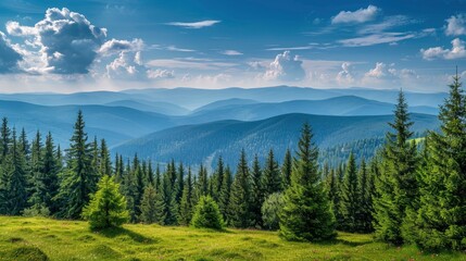 Magnificent panoramic view the coniferous forest on the mighty Carpathians Mountains and beautiful blue sky background. Beauty of wild virgin Ukrainian nature. Peacefulness , ai