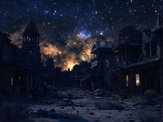 Decrepit Ghost Town Under a Starry Night Sky with Enigmatic Supernatural Beings