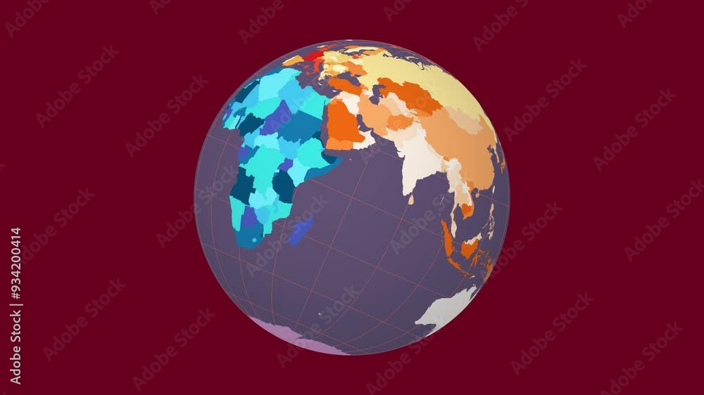 Poster rotating globe. tilted sphere view. moderate speed globe rotation. colored countries style. world ma