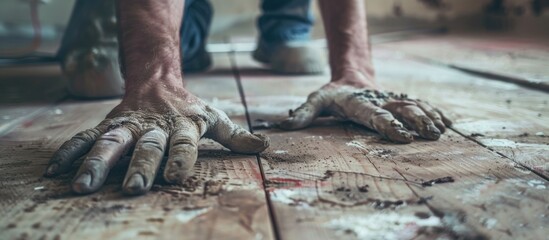 Obraz premium Strong Working Hands Doing Repairs In The Hands Of A Screwdriver We Rip Off The Paint Off The Floor