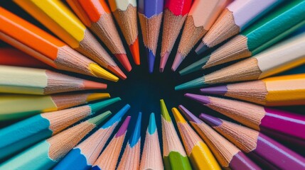Naklejka premium Colorful wooden pencils forming a circular pattern, macro photography. Creativity and art concept