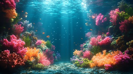Obraz premium A vibrant underwater scene with colorful coral reefs and fish swimming in the clear blue water, illuminated by a beam of sunlight.