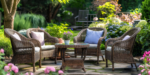 Obraz premium Finished wicker furniture set, including chairs and a table, displayed in a cozy outdoor garden setting.