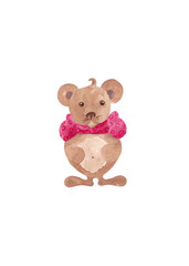 Brown bear with pink bow on neck. Elegant animal in full growth for your design. Watercolor isolated element. White background