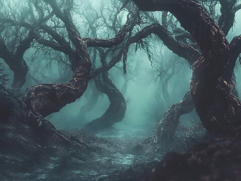 Haunted and Twisted Forest with Sentient Gnarled Trees Reaching Out in Fantasy Surrealism