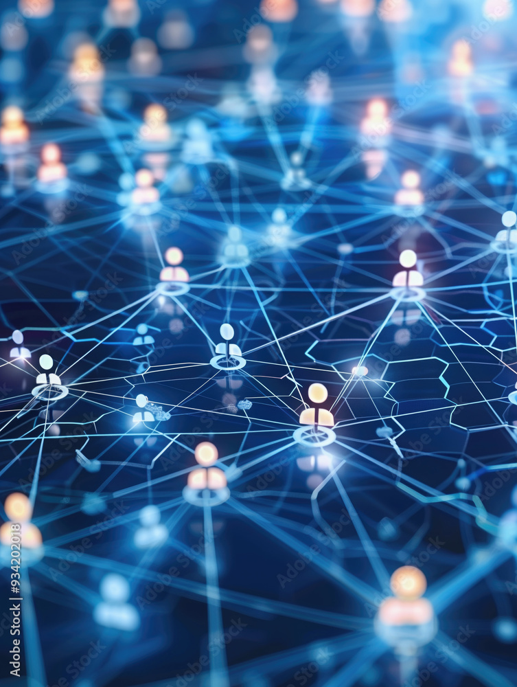 Poster abstract digital network with interconnected human icons over dark blue background. concepts of glob