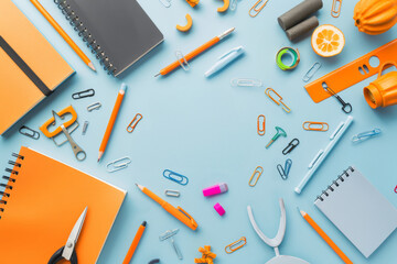Back to school written on chalkboard between different organised school supplies. Orange notebook, scissors, pen, pencil, calculator, stapler, chalk, pins. flatlay on a light blue table. Concept.