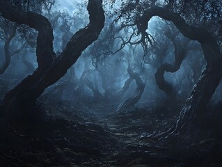 Fototapeta premium Eerie and Sinister Haunted Forest with Otherworldly Moody Lighting and Surreal Fantasy Atmosphere