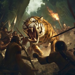 A fierce saber-toothed tiger battles Stone Age hunters in an epic prehistoric struggle, highlighting the danger and survival challenges faced by ancient human warriors.