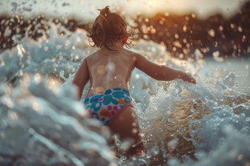 Fototapeta premium A girl in a colorful swimsuit walking through the ocean waves, enjoying the summer day. The image captures a serene and playful moment by the sea