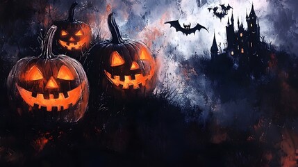 Haunting Halloween Artwork with Twisted Jack o  Lanterns and Lurking Shadows