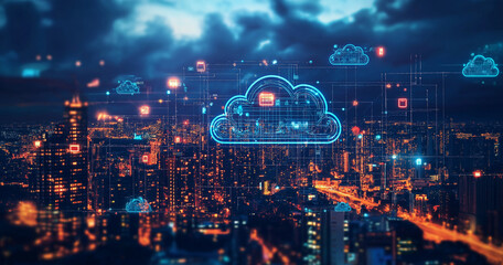 Futuristic Cityscape with Digital Cloud Technology Integration at Night