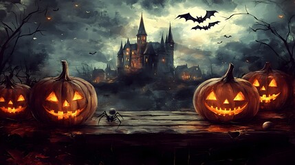 Eerie Halloween of Haunted Jack o  lanterns Bats and Lurking Shadows