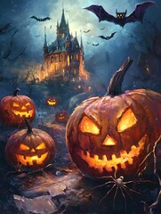 Haunting Halloween Jack o  Lanterns with Bats Swarming Through a Cloudy Night Sky and a Creeping