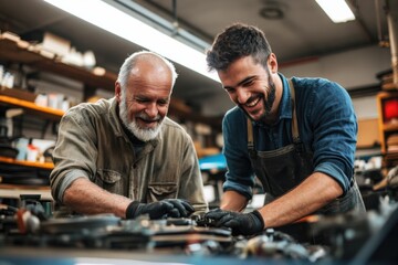 Experienced mechanic teaching a younger man in a workshop