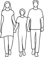 Three members of a family silhouette vector line art , isolated white background.