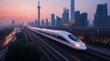 High speed train blazes through the neon-lit abstract futuristic background, aerodynamic curves reflecting the glowing hues of the neon lights. Futuristic Sci-fi bullet train concept.