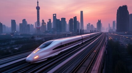 High speed train blazes through the neon-lit abstract futuristic background, aerodynamic curves reflecting the glowing hues of the neon lights. Futuristic Sci-fi bullet train concept.