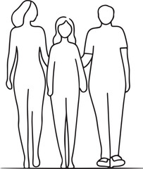Three members of a family silhouette vector line art , isolated white background.