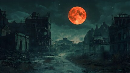Fototapeta premium Ghostly Creatures Haunt Eerie Abandoned Town Under Full Moon in Vivid Digital Art