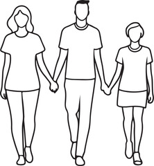 Three members of a family silhouette vector line art , isolated white background.